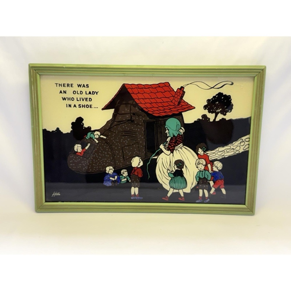 Reverse Painted Nursery Picture There Was an Old Lady Who Lived in a Shoe VTG